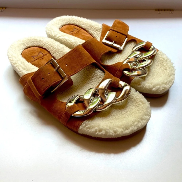 Marc Fisher Shoes Marc Fisher Fresno Natural Tan Shearling Sherpa Slide Sandals - Picture 3 of 8